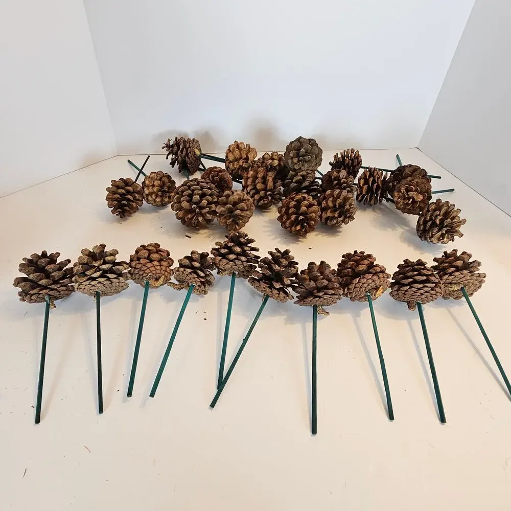 30 Natural Pine Cone Floral Picks 7in Green Wood Stems Wreath Craft Rustic Decor